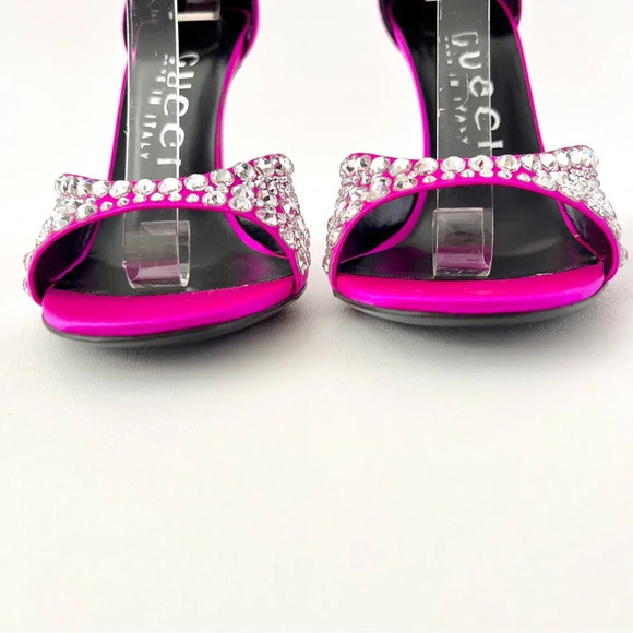 NEW GUCCI Crystal GG Embellished Hot Pink Fuchsia Satin Heel Sandal Ankle Strap - Picture 8 of 16